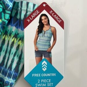 Free Country Green and Blue Bikini Set with Geometric Pattern